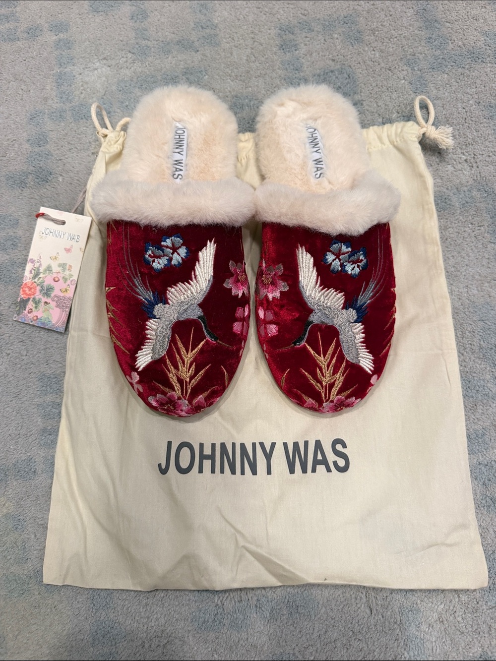 Johnny Was Burgundy Velvet Embroidered Crane Slippers with Cream Fur Trim